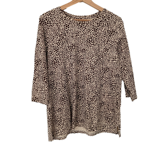 LANDS' END BROWN/CREAM LEOPARD PRINT 100% COTTON 3/4 SLEEVE TEE/TOP, MEDIUM